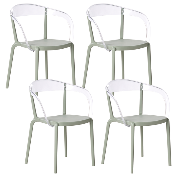 Vier Stühle mit Armlehnen und transparenten Rückenlehnen