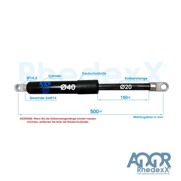 Gasdruckfeder RhedexX 4600 Newton, Zylinder 40 Millimeter, Kolbenstange 20 Millimeter, Länge 500 Millimeter mit Maßangaben, RhedexX Logo.
