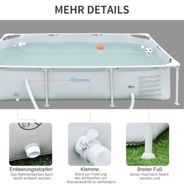 Outsunny Rahmenpool mit Schlauch, 252 x 152 x 65 cm, PVC+Stahl, Grau