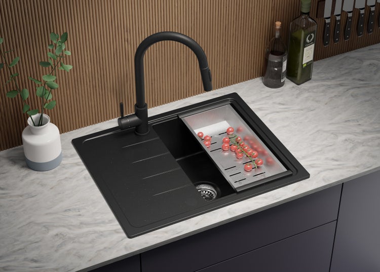 PRIMAGRAN Spülbecken Schwarz Metallic 62x50cm, Granitspüle 1 Becken + Ablauf-Set, Küchenspüle ab 40er Unterschrank - Mailand