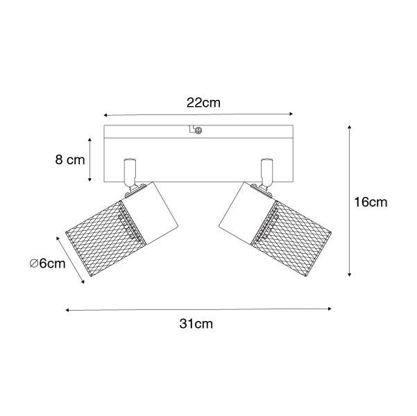 Technische Zeichnung einer Deckenleuchte mit zwei Strahlern und den Maßen 22 cm Breite, 8 cm Höhe, 16 cm Tiefe und einem Strahlerdurchmesser von 6 cm.