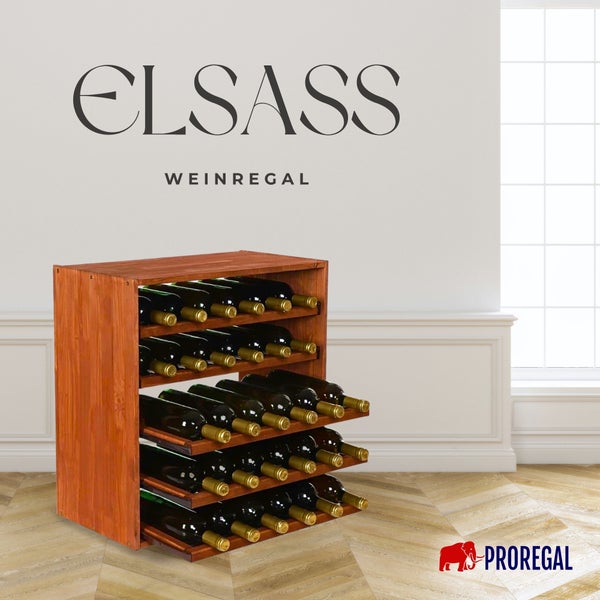 Holz-Weinregal Elsass mit Weinflaschen in einem Raum, Proregal Logo
