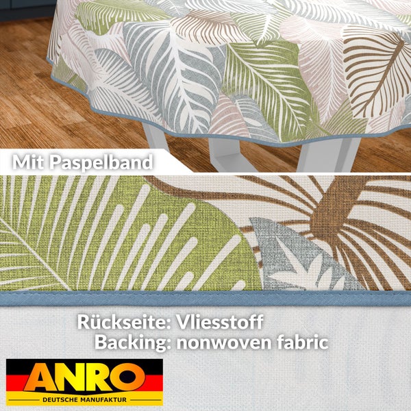 Tischdecke mit Blätter-Muster und Paspelband sowie ANRO Logo