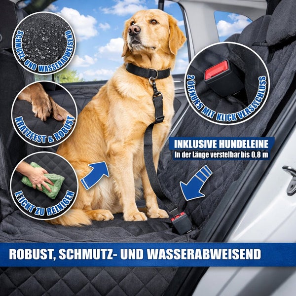 Hundeschondecke für den Rücksitz mit verstellbarer Hundeleine, schmutz- und wasserabweisendes Material, kratzfest und leicht zu reinigen.