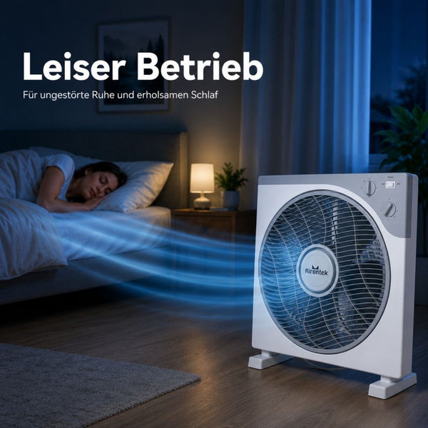 Airontek Bodenventilator im Einsatz in einem Schlafzimmer bei Nacht. Er zeigt einen leisen Betrieb für erholsamen Schlaf mit visualisiertem Luftstrom.