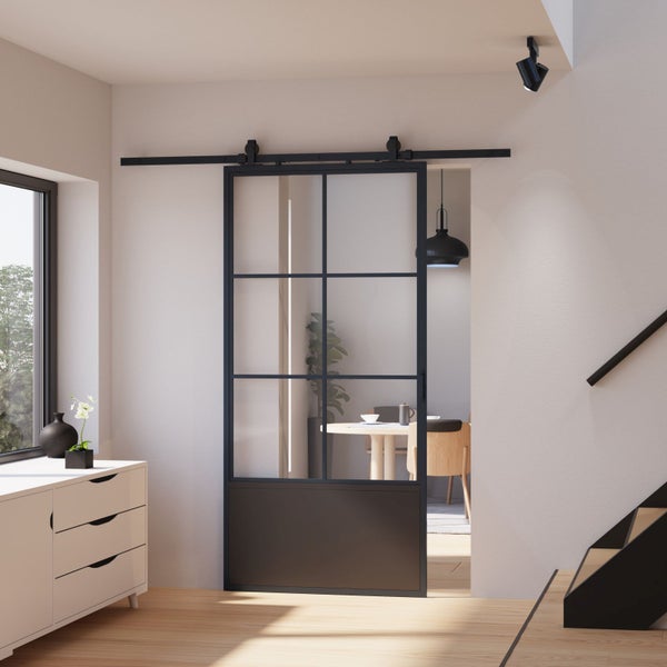 Glasschiebetür Loftstyle offene Laufschiene 900x2150mm Klarglas schwarz beidseitiger Softclose, Komplettset
