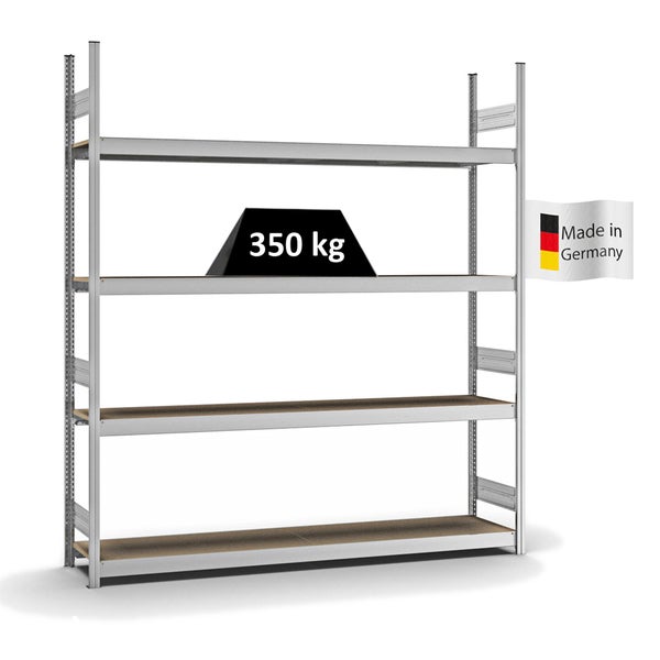 PROREGAL Weitspannregal Stecksystem T-Profil Grundregal HxBxT 250x225x40 cm 4 Ebenen Spanplatten Fachboden Fachlast 350 kg Verzinkt