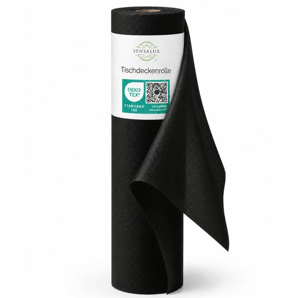 Sensalux Tischdeckenrolle aus schwarzem Vlies, Oeko-Tex Standard 100 zertifiziert.