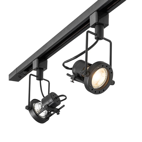 Zwei schwarze Stromschienenstrahler im industriellen Design an einer Schiene montiert.