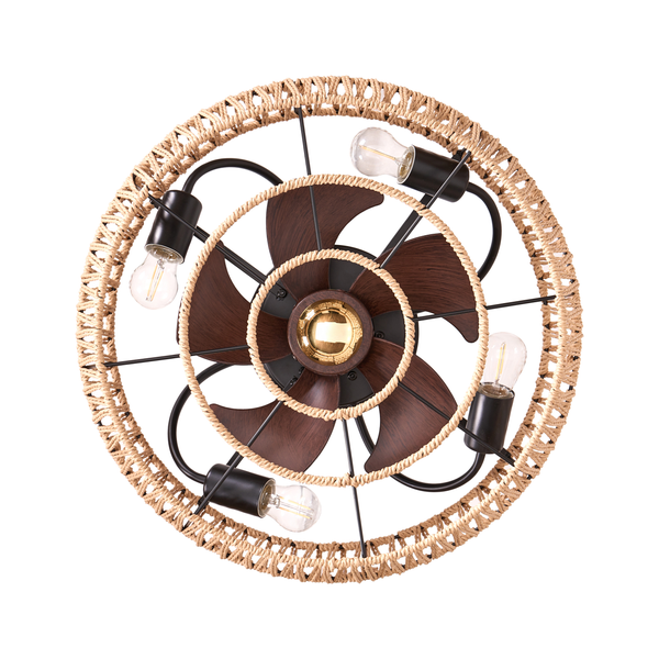Deckenventilator mit Beleuchtung im Vintage Design mit Seilumrandung und dunklen Holzflügeln