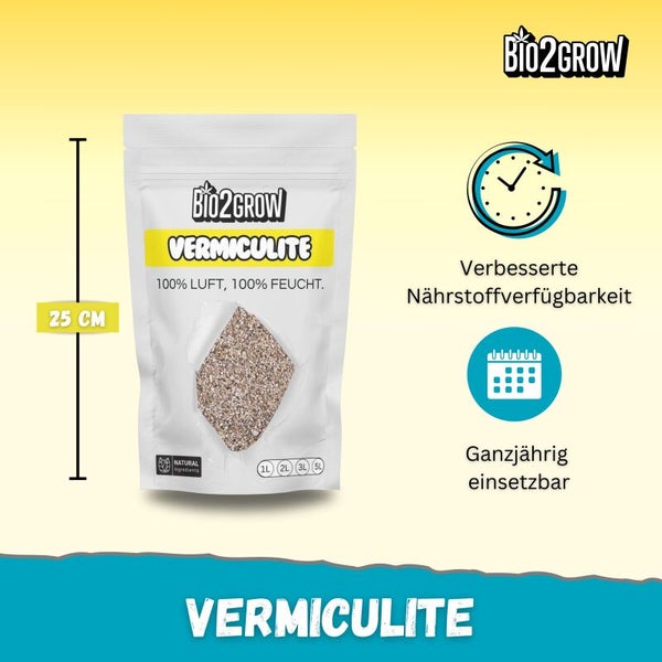 Bio2Grow Vermiculit Packung mit den Maßen 25 cm Höhe zur Verbesserung der Nährstoffverfügbarkeit, ganzjährig einsetzbar.