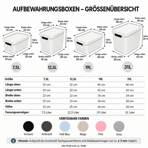 Größenübersicht verschiedener Aufbewahrungsboxen mit Maßtabelle und Farbvarianten.