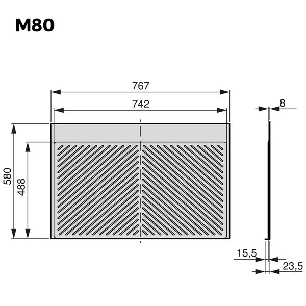 Technische Zeichnung für M80 mit Breiten von 767 und 742, Höhen von 580 und 488 sowie einer Stärke von 8 Millimetern.
