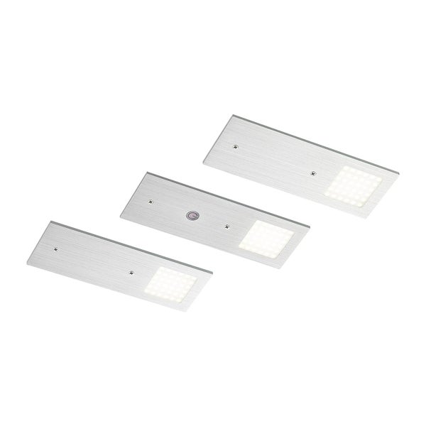 3er-Set flache LED-Unterbauleuchten in Aluminium-Optik mit Sensorschalter.