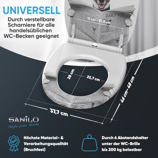 Sanilo WC-Sitz, Zeitungs-Dekor, Maße 37,7 mal 46 bis 48 Zentimeter, Belastbarkeit 200 Kilogramm, verstellbare Scharniere, bruchfest. Sanilo Logo.