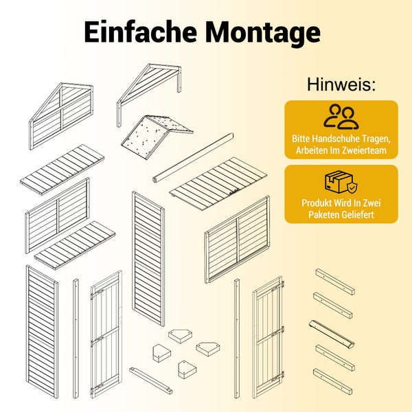 Explosionszeichnung der Einzelteile eines Gartenhauses mit Montagehinweisen: einfache Montage, Handschuhe tragen, Zweierteam, zwei Pakete.