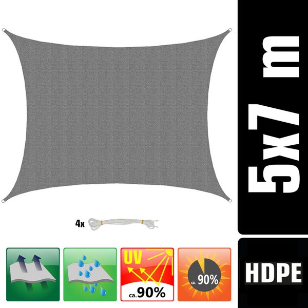 Rechteckiges Sonnensegel 5 x 7 Meter inklusive Befestigungsseile, winddurchlässig, wasserabweisend und UV Schutz