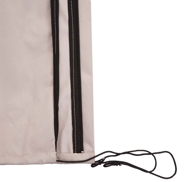 Detailaufnahme einer Pavillon-Seitenwand mit Reißverschlüssen und Kordel