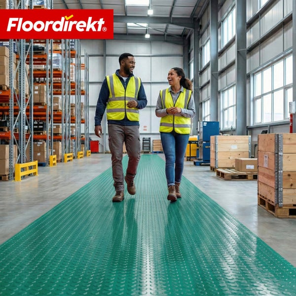 Ein Lager mit einem grünen Bodenschutzbelag und zwei Mitarbeitern mit Warnwesten. Im Hintergrund befinden sich Lagerregale.