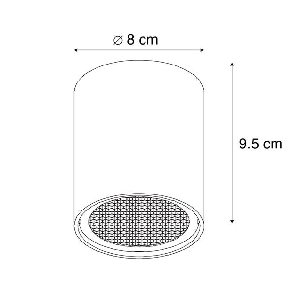 Skizze einer Leuchte mit den Maßen 8 Zentimeter Durchmesser und 9,5 Zentimeter Höhe