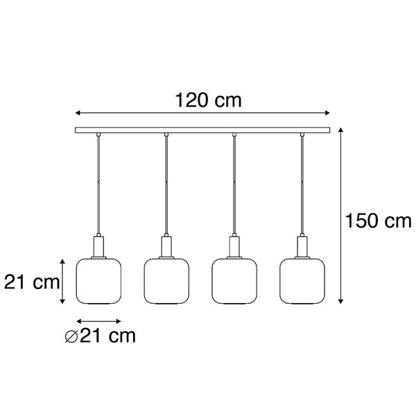 Technische Zeichnung einer Pendelleuchte mit vier Lampen, Abmessungen 120 x 150 cm, Lampendurchmesser 21 cm