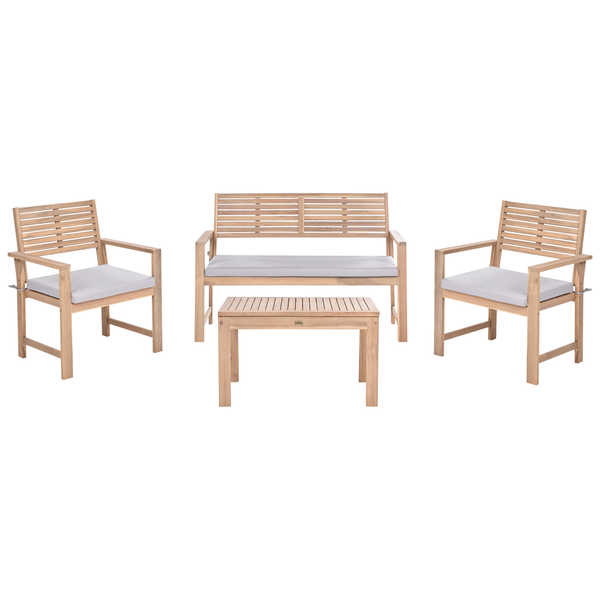 Holz Gartenset mit zwei Stühlen, einer Bank und einem Tisch