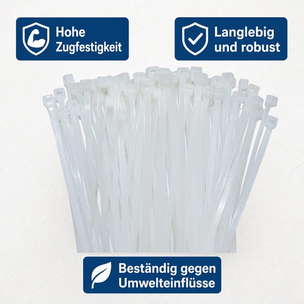 Ein Bündel Kabelbinder mit Symbolen für hohe Zugfestigkeit, Langlebigkeit und Robustheit sowie Beständigkeit gegen Umwelteinflüsse.