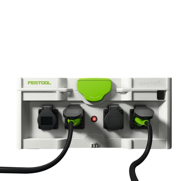 Festool Systainer3 Energiestation mit vier Steckdosen, zwei eingesteckten Kabeln und Kontrollleuchte.