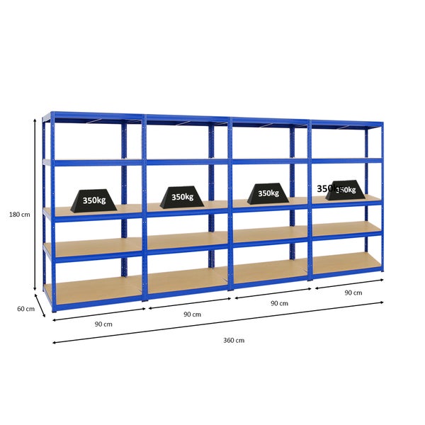 PROREGAL Mega Deal 4x Schwerlastregal Slim Elephant M HxBxT 180 x 90 x 60 cm 5 Ebenen Fachlast 350 kg Blau
