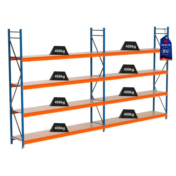 Lagerregal mit vier Ebenen und einer Traglast von 450 Kilogramm pro Ebene, hergestellt in der Europäischen Union