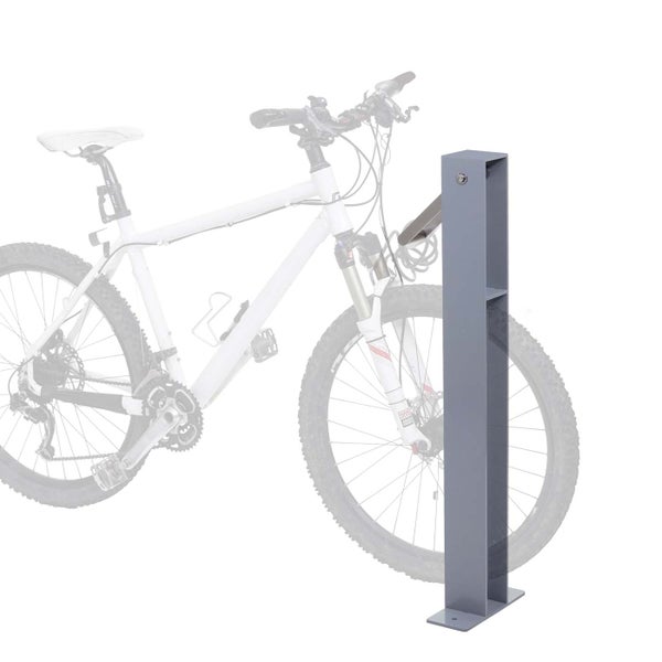 Grauer Fahrradständer aus Metall zur Bodenmontage mit Anlehnarm und einem Mountainbike zur Veranschaulichung.