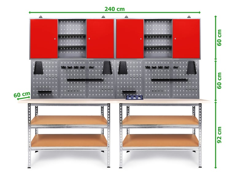 Ondis24 Werkstatt Set Uwe 240cm Lochwand Werkzeugschrank Lichtpaket, Werkstatteinrichtung, Werkbank