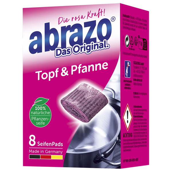 Packung mit acht abrazo Seifenpads aus Stahlwolle mit natürlicher Pflanzenseife zur Reinigung von Töpfen und Pfannen.
