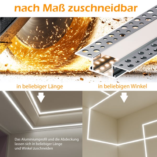 Aluminiumprofil für LED Streifen individuell zuschneidbar für Decken und Wände mit Abdeckung zur Montage in Innenräumen
