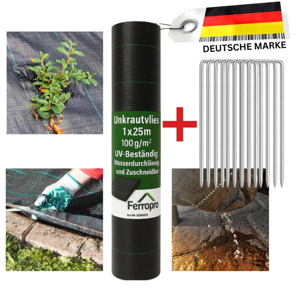Ferropro Unkrautvlies Set 1 mal 25 Meter inklusive Erdanker für die Gartenpflege zur Unterdrückung von Unkraut mit UV Beständigkeit
