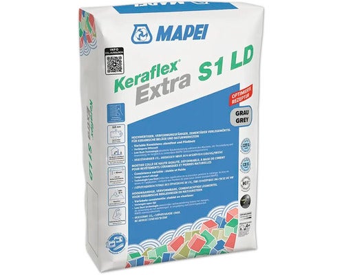 Mapei Keraflex Extra S1 LD Fliesenkleber in einem Sack mit Produktinformationen und Zertifizierungen.