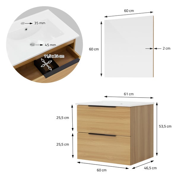 ML-Design Badmöbel-Set 3-teilig, Spiegel 60x60 cm, Unterschrank 60x46,5x53,5 cm, MDF, Braun, Waschbecken 61cm, Keramik, Weiß, modern, Waschtisch, Badezimmermöbel, Badezimmer Möbel, viel Stauraum