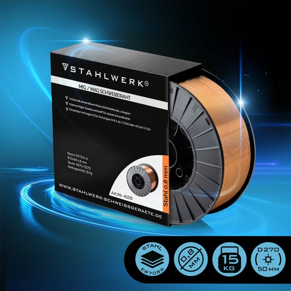 Stahlwerk MIG/MAG Schweißdraht ER70S-6, Durchmesser 0,8 Millimeter, 15 Kilogramm auf D270 Spule.