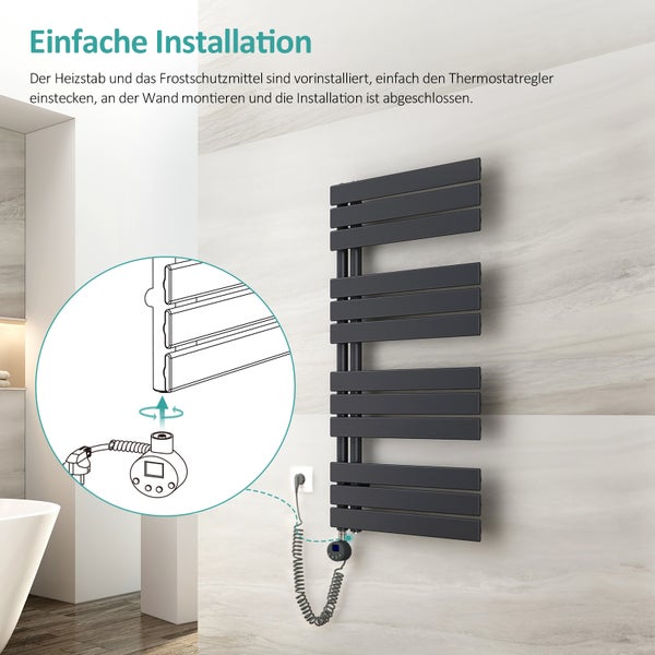 EMKE Elektrischer Handtuchheizkörper 104x50 cm, Design-Paneelheizkörper mit Thermostat & Timer, 600 W, vertikaler Flachheizkörper, Anthrazit, seitlich offen, für Badezimmer