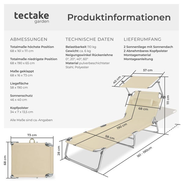 tectake garden Logo und Produktinformationen für Sonnenliegen mit Maßen, technischer Belastbarkeit bis 110 Kilogramm und Lieferumfang.