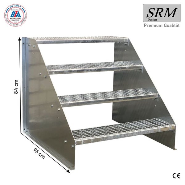 Industrietreppe aus verzinktem Stahl mit 4 Gitterroststufen, Höhe 84 Zentimeter, Tiefe 96 Zentimeter, SRM Design Logo, CE Kennzeichnung.