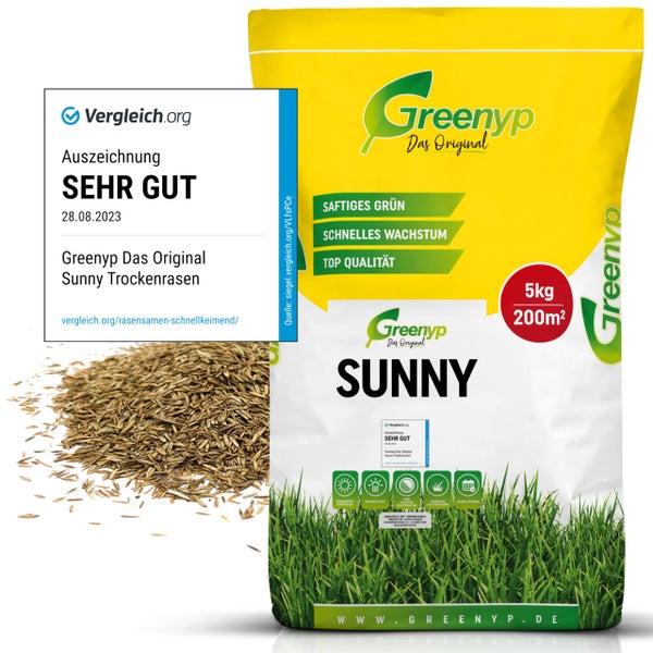 Greenyp Sunny I Dürreresistenter Trockenrasen I 5kg für 200m² I Grassamen Rasensamen Rasensaat Gras Nachsaat schnellkeimend