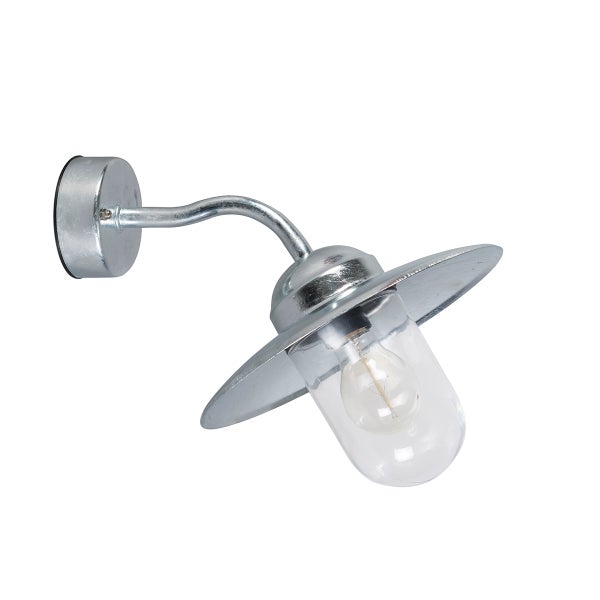 Außenwandleuchte aus verzinktem Metall mit gebogenem Arm und Glasschirm.