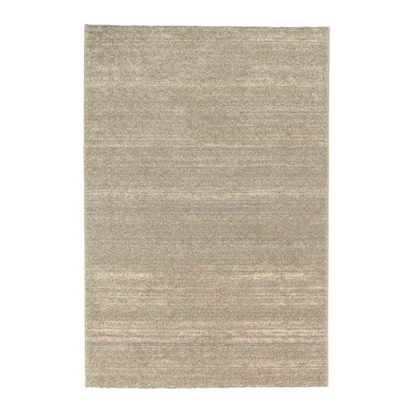Rechteckiger Teppich mit melierter Textur und dezentem horizontalem Muster in Naturtönen.