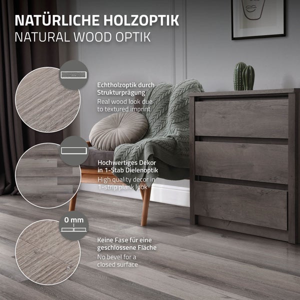 ML-Design Deluxe PVC Bodenbelag, Selbstklebende Vinyl-Dielen, Vinylboden, 91,5 cm x 15,3 cm x 2 mm, Dicke 2 mm, 6,69m²/48 Dielen, Kiefer, Grau, Holzoptik, rutschfest, wasserfest, Einfache Verlegung