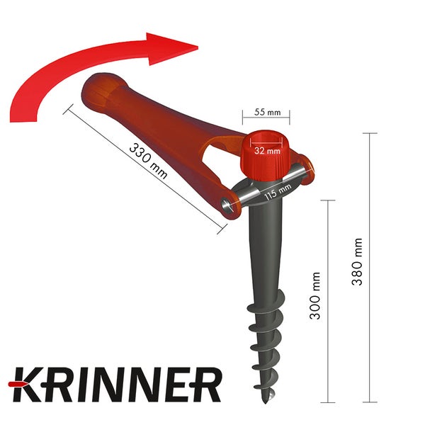 Krinner Logo, Bodenschraube mit Eindrehhilfe. Gesamtlänge 380 Millimeter, Hebellänge 330 Millimeter, Einschraubtiefe 300 Millimeter.