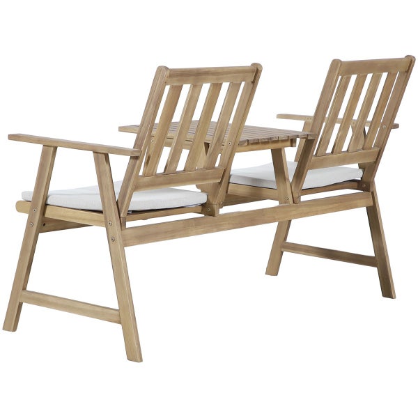 Gartenbank aus Holz mit zwei Sitzplätzen, integriertem Tisch in der Mitte und Sitzkissen.