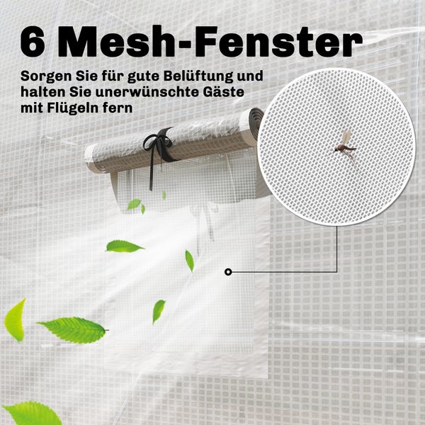 Gewächshaus-Detailansicht eines Mesh-Fensters zur Belüftung und zum Schutz vor Insekten mit aufgerollter Fensterabdeckung.