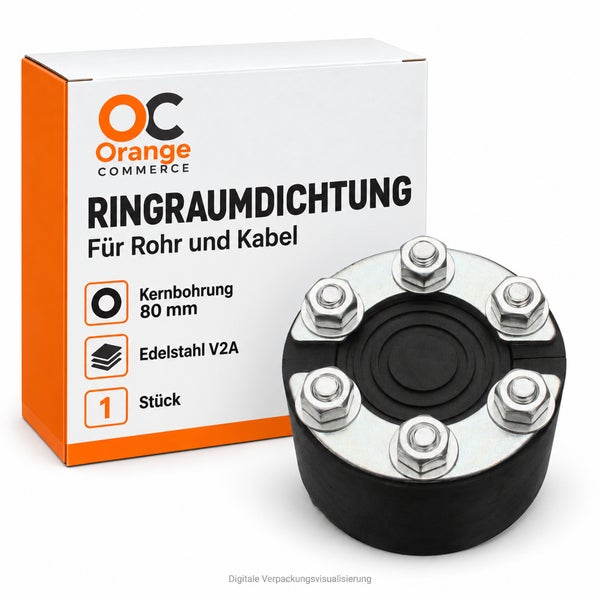 Ringraumdichtung fuer Rohr und Kabel fuer 80 Millimeter Kernbohrung aus Edelstahl V2A inklusive Verpackung mit Orange Commerce Logo
