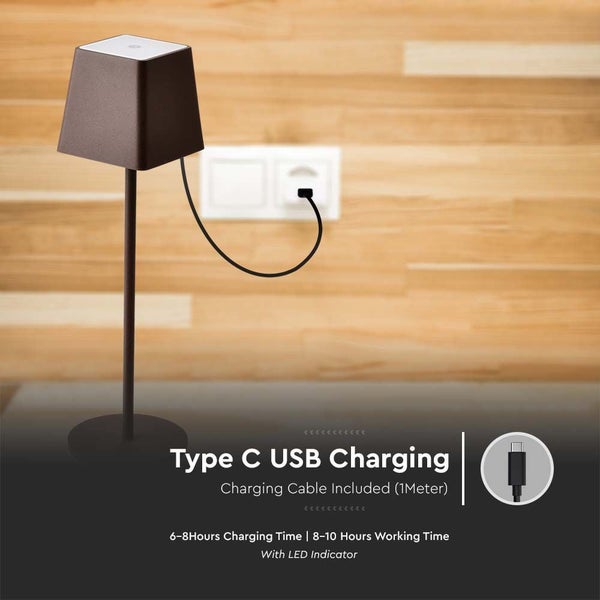 Akkubetriebene Tischleuchte mit USB-Ladefunktion und LED-Anzeige.